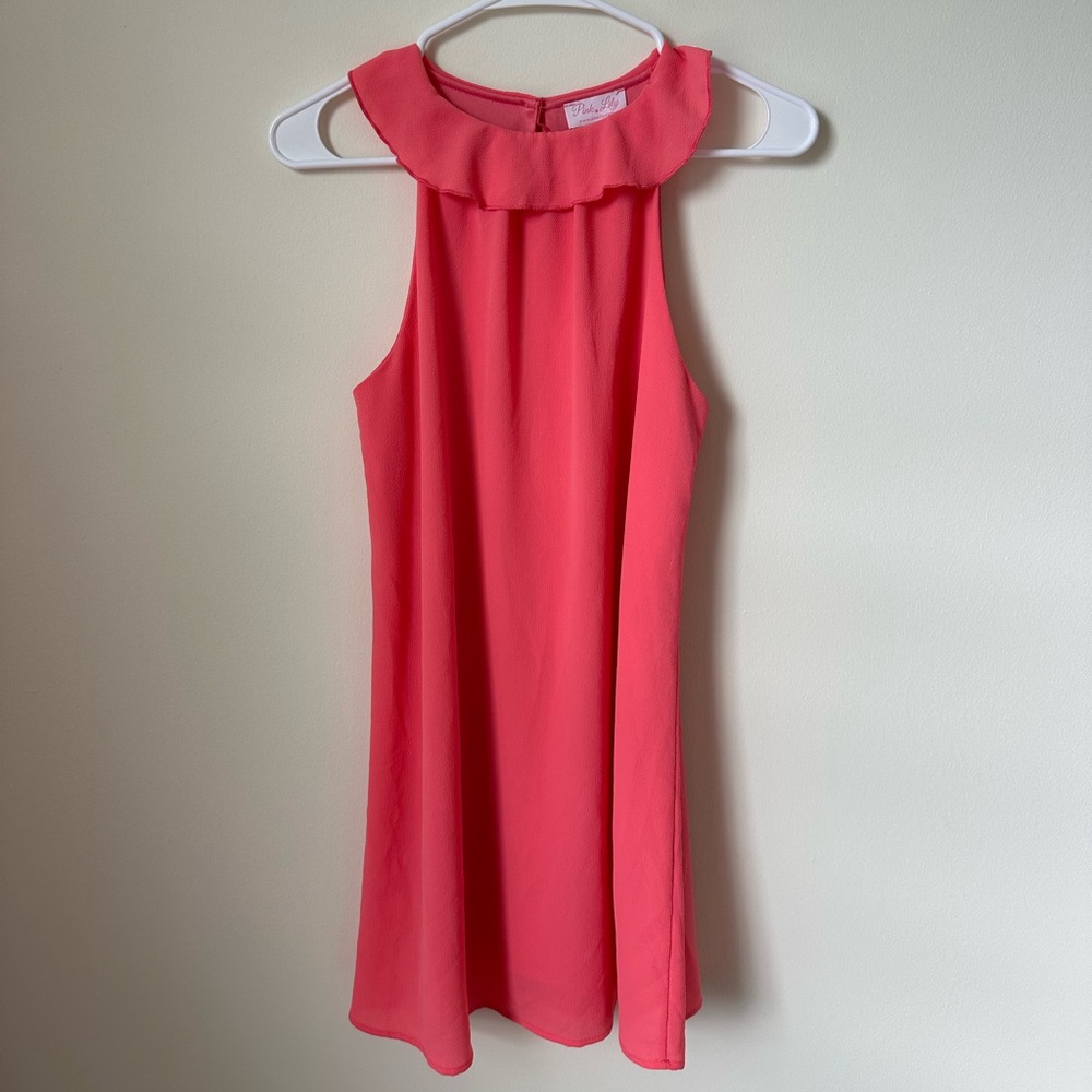 Pink Lily Coral Chiffon Sleeveless Shift Dress | High Neck Ruffle Collar | Small